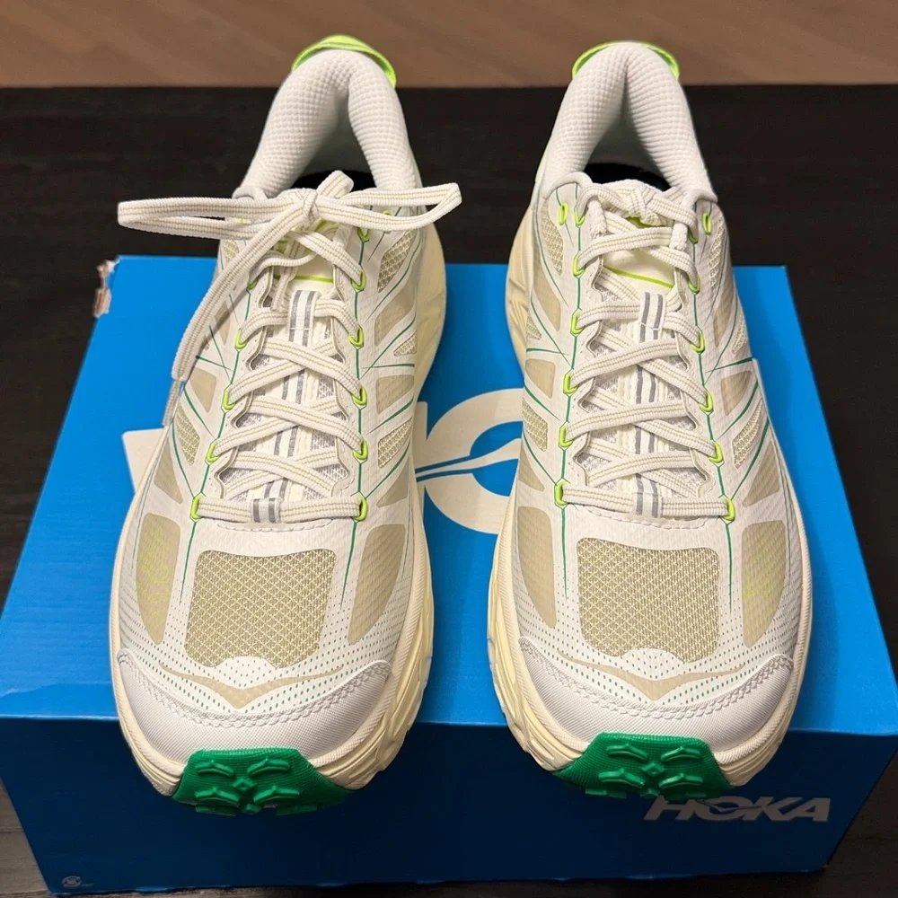 Hoka White and Lime Athletic Shoes. U Mafate Speed 2 -Megagrip